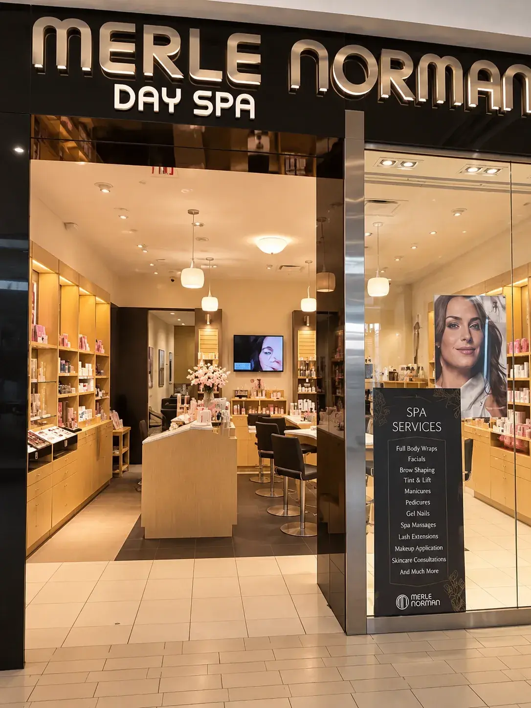 The Merle Norman Day Spa storefront inside Kingsway Mall